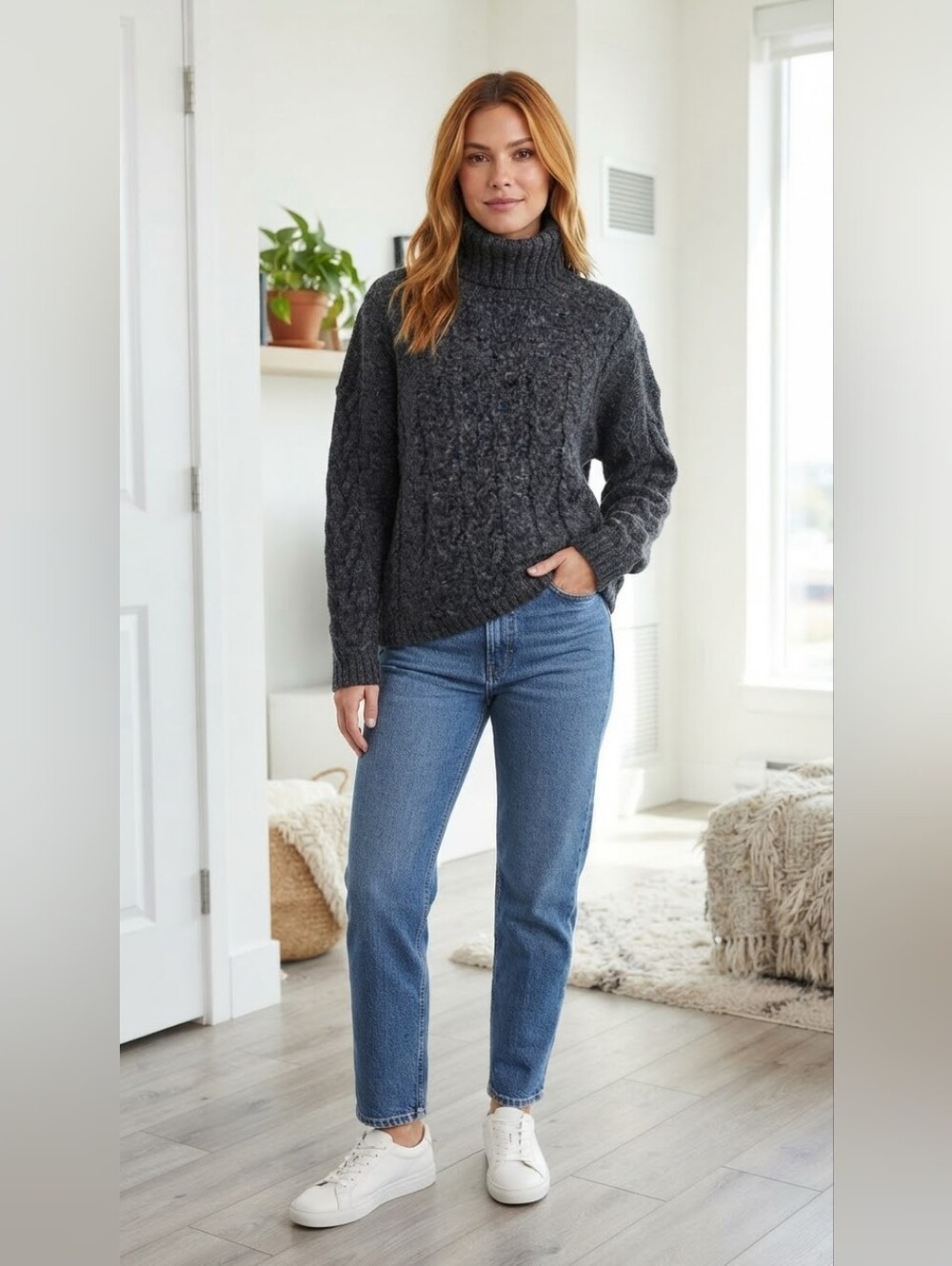 Beverly Hills Dark Charcoal Grey Cable Knit Turtleneck Sweater – Size Large